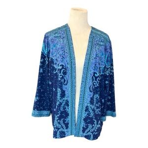 Bob Mackie Wearable Art Kimono Cardigan XL Blue Purple Paisley Open Front Topper